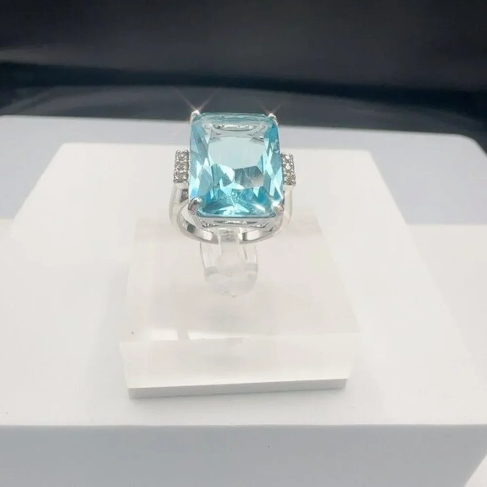 Aquamarine CZ Cocktail Ring With Silver Tone Brass Band Size 5 - Picture 9 of 11